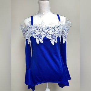 White lace and blue top